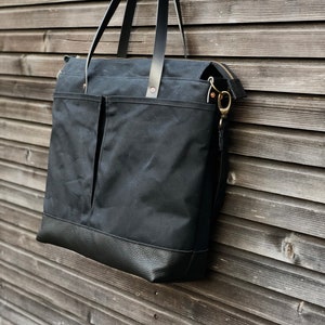 Black large tote bag , Diaper bag , weekend bag in waxed canvas with leather handles and bottom COLLECTION UNISEX image 6