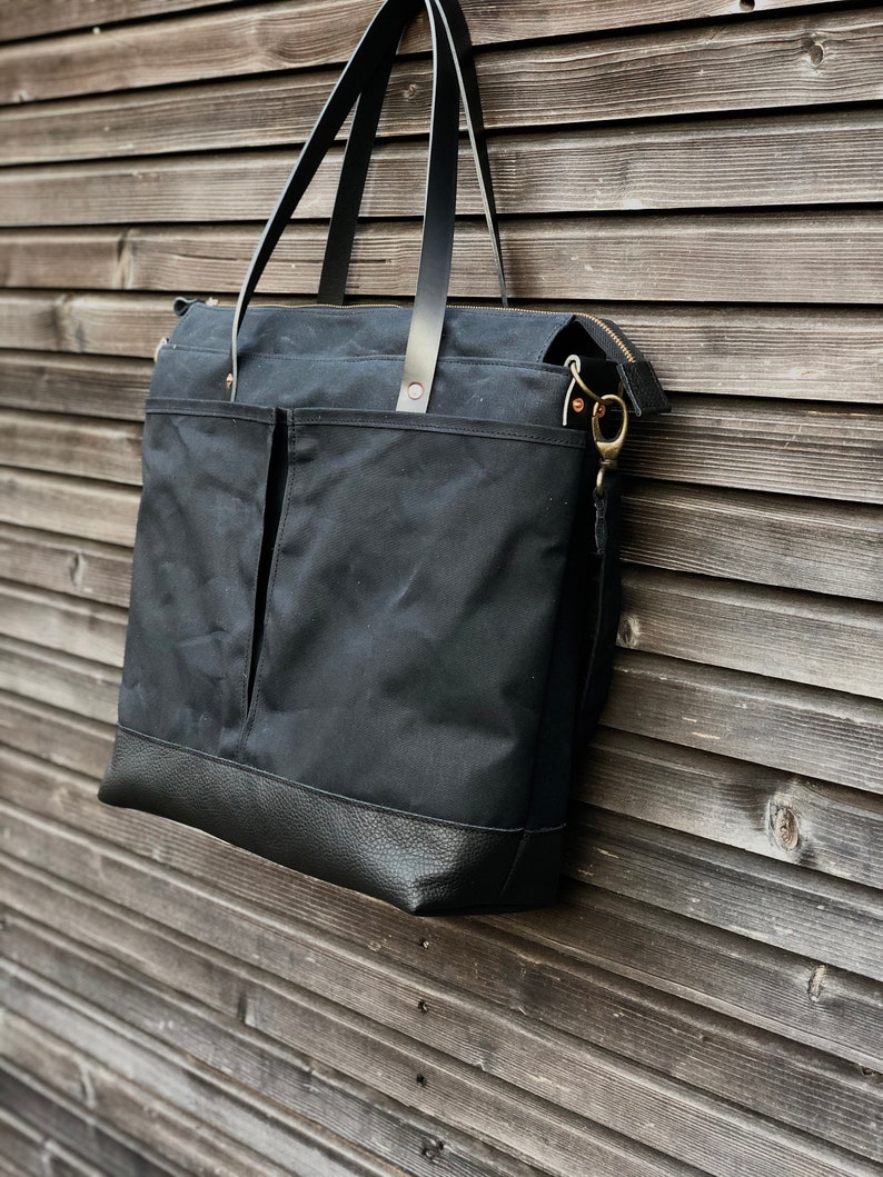 Black large tote bag , Diaper bag , weekend bag in waxed canvas with leather handles and bottom COLLECTION UNISEX image 6