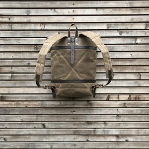 Waxed canvas backpack rucksack with folded top and waxed canvas padded shoulder straps image 5