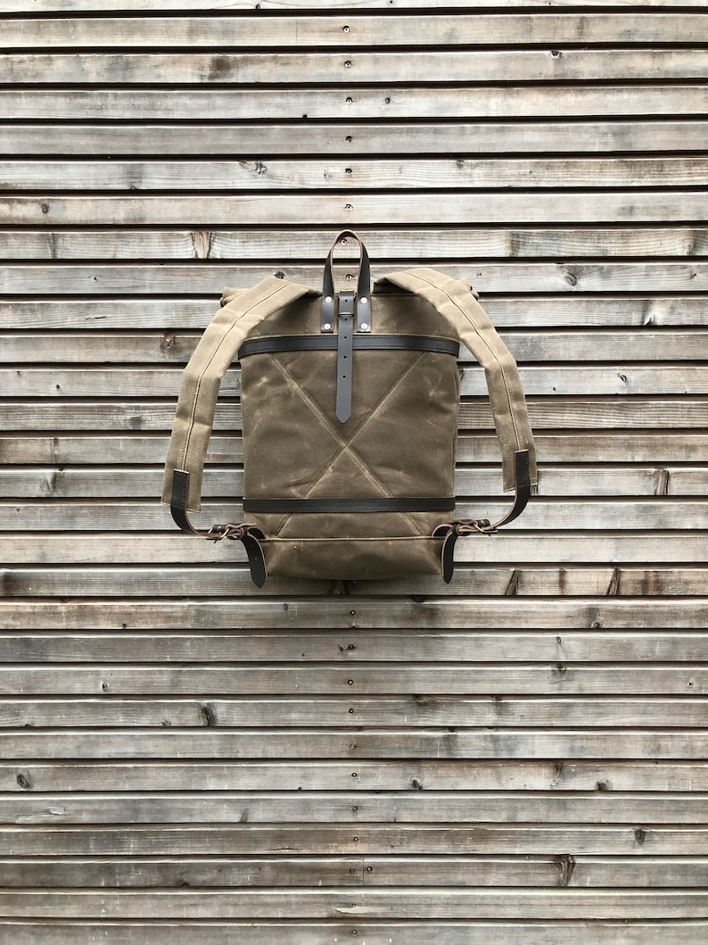 Waxed canvas backpack rucksack with folded top and waxed canvas padded shoulder straps image 5