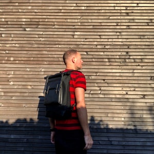 Black waxed canvas rucksack/backpack with roll top and leather bottem COLLECTION UNISEX image 4