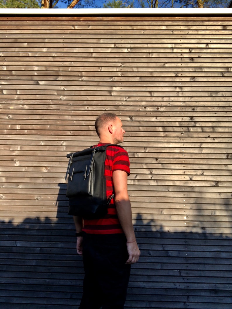 Black waxed canvas rucksack/backpack with roll top and leather bottem COLLECTION UNISEX image 4