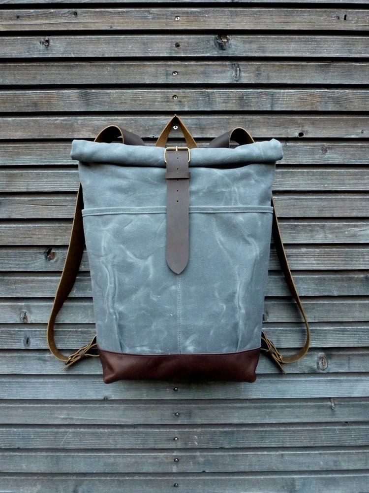 Waxed Canvas Rucksack / Backpack With Roll up Top and Leather - Etsy