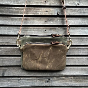 Waxed canvas day bag / small messenger bag/ kangaroo bag with waxed leather shoulder strap image 2
