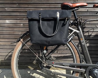 Black Waxed Canvas Bike Pannier Tote: Waterproof Crossbody Bag