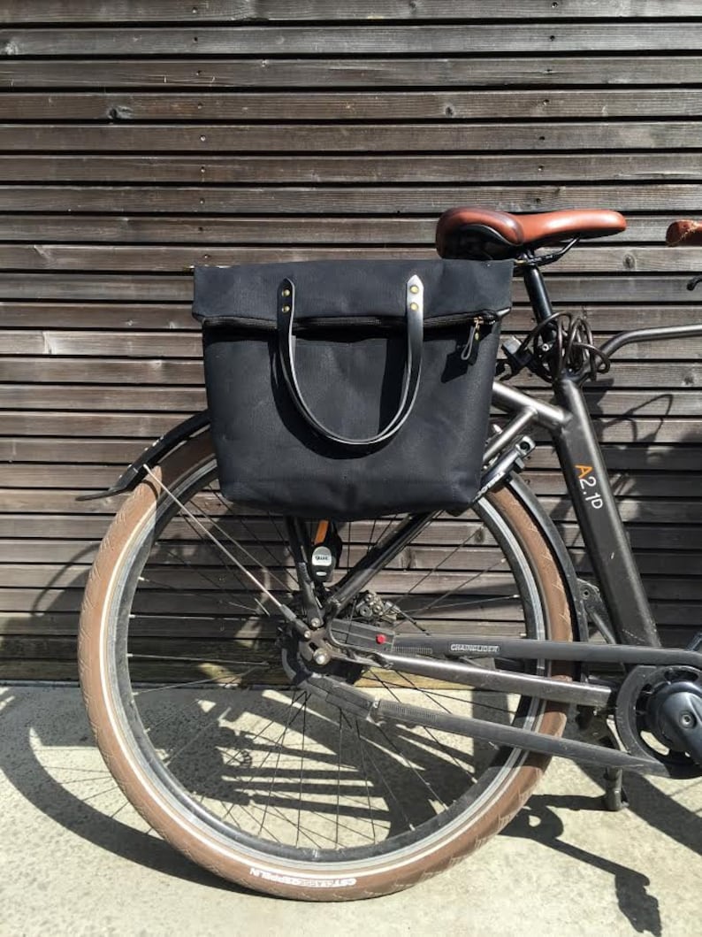 Black bike pannier tote bag in waxed canvas with zipper Etsy
