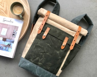 Waxed Canvas Roll Top Backpack: Leather Straps, Laptop Compartment