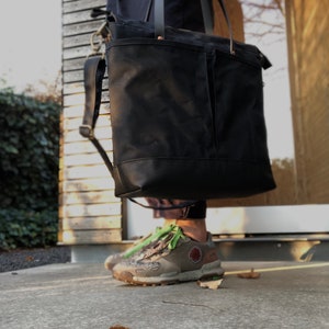 Black large tote bag , Diaper bag , weekend bag in waxed canvas with leather handles and bottom COLLECTION UNISEX image 2