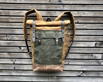 Waxed canvas leather Backpack medium size / Commuter backpack /  Hipster Backpack with roll top and leather bottom