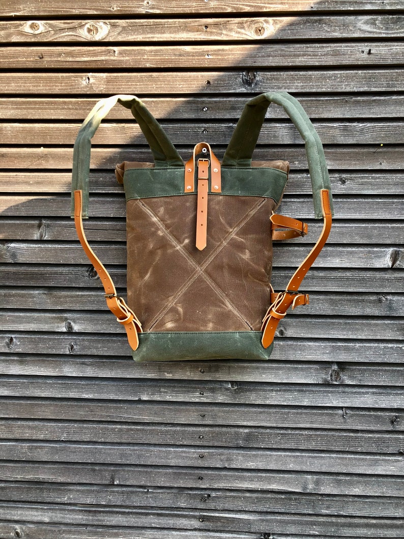 Waterproof waxed canvas backpack with detachable leather side straps and padded laptop compartment / padded shoulder straps image 2