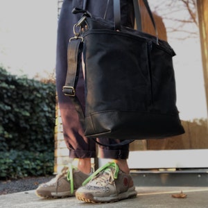 Black large tote bag , Diaper bag , weekend bag in waxed canvas with leather handles and bottom COLLECTION UNISEX image 4