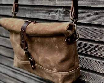 Tan Waxed Canvas Messenger Bag, Leather Strap Day Bag