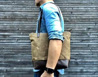 Waxed canvas leather tote bag with zipper closure