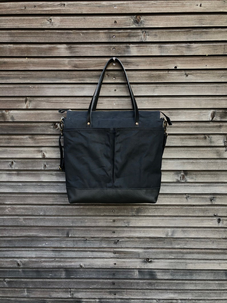 Black large tote bag , Diaper bag , weekend bag in waxed canvas with leather handles and bottom COLLECTION UNISEX image 1