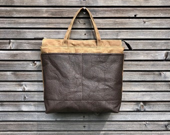 Vegan large tote bag in brown Piñatex™ and waxed canvas  office tote  laptop tote bag COLLECTION UNISEX
