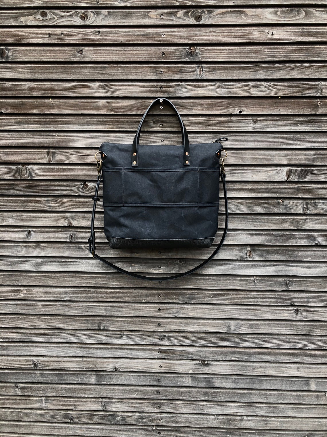 Black Briefcase in Waxed Canvas With Outside Pocket Wax - Etsy