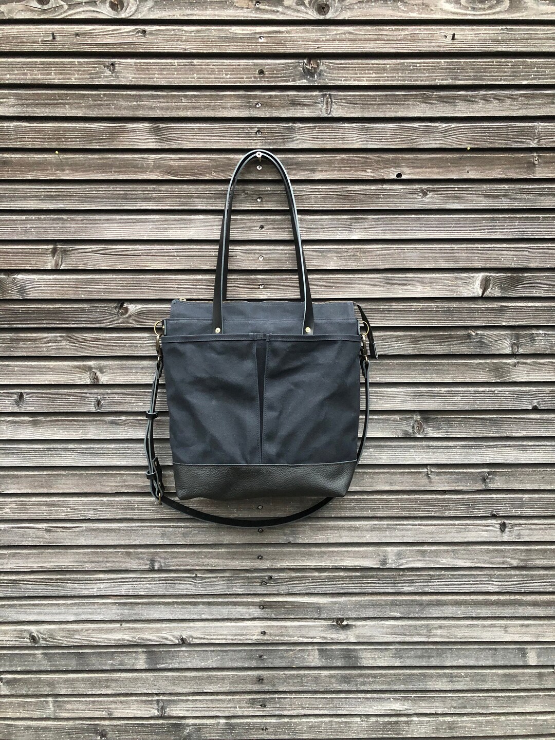 高い素材 With Bag Tote Canvas Waxed Black Leather and Handles Bottom バッグ