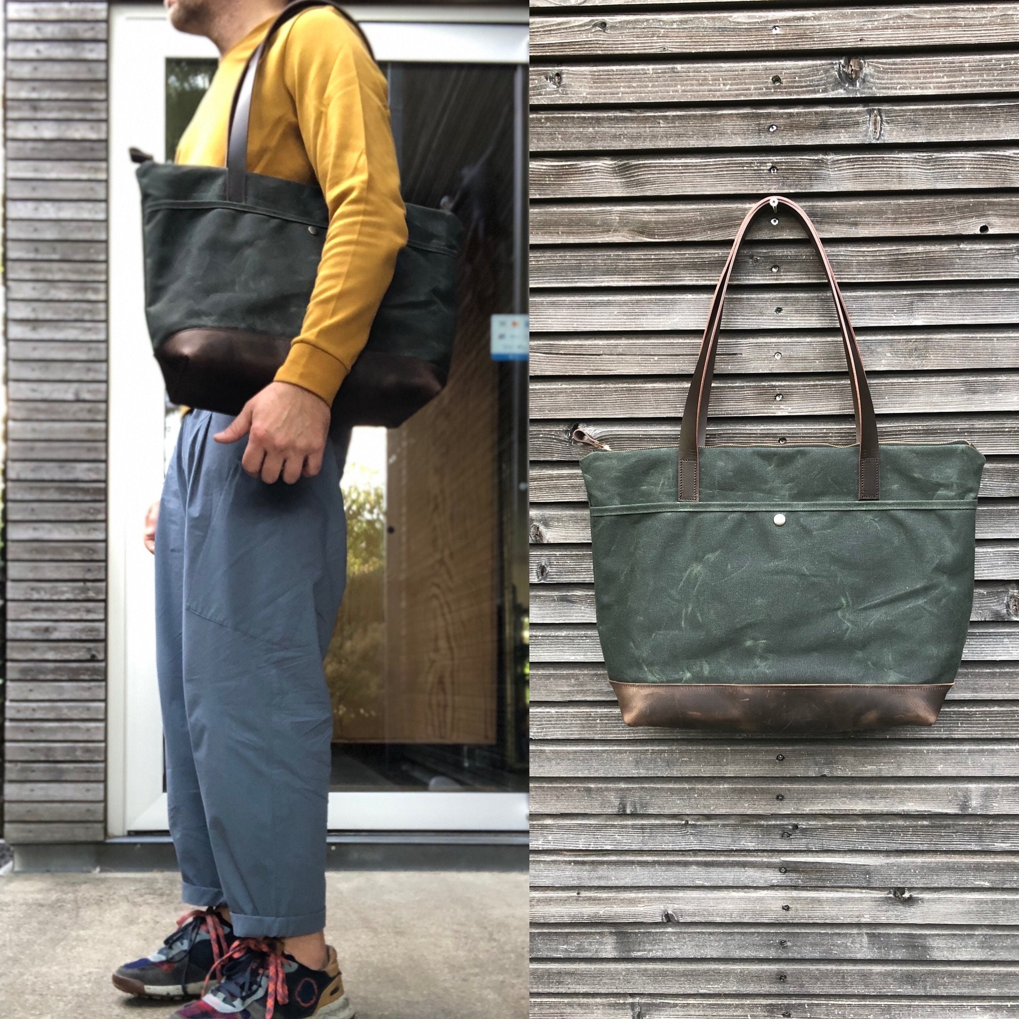 Large Waxed Canvas Tote Bag With Leather Handles and Bottom