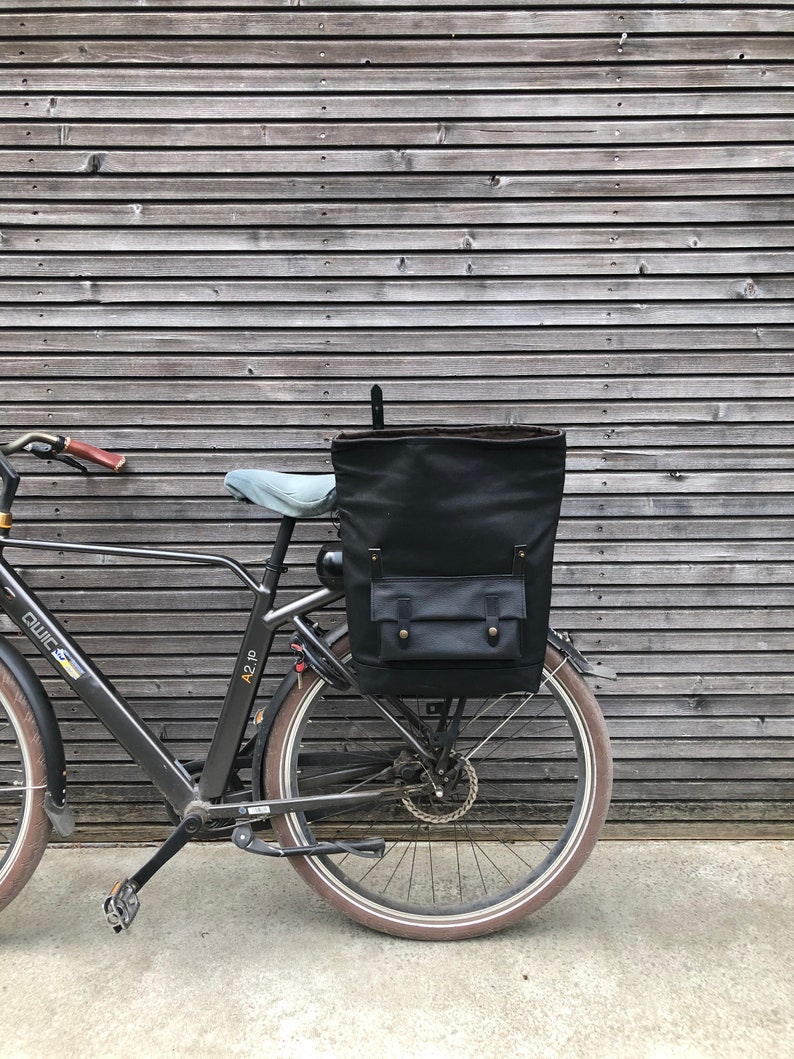 Black motorcycle bag in waxed canvas leather Motorbike bag Saddle bag Bicycle bag in waxed canvas and leather Bike accessories image 6