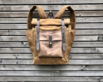 Wax Canvas Backpack / Hipster Backpack with roll up top and double bottle pocket