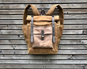 Wax Canvas Backpack / Hipster Backpack with roll up top and double bottle pocket