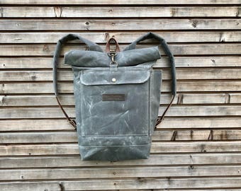 Grauer Rucksack aus gewachstem Canvas: Roll Top wasserdichter Rucksack