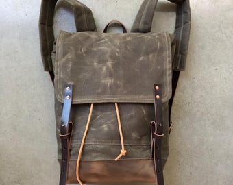 Waxed Canvas Backpack Rucksack: Leather Flap, Laptop Compartment