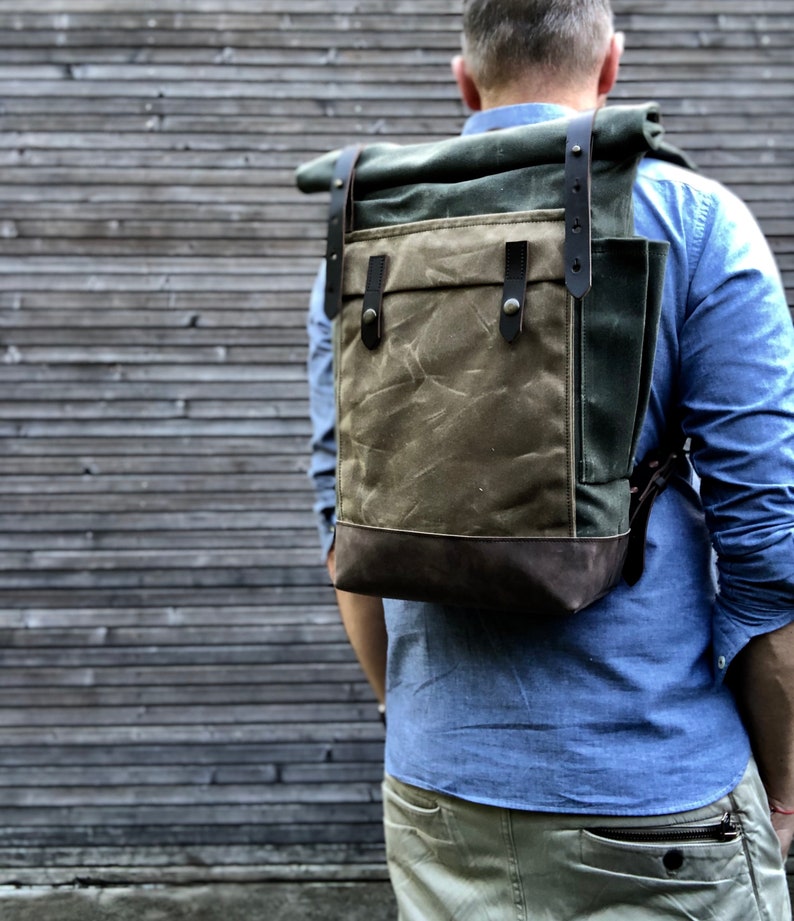 Green waxed canvas leather Backpack medium size Commuter backpack Hipster Backpack with roll top and leather bottom