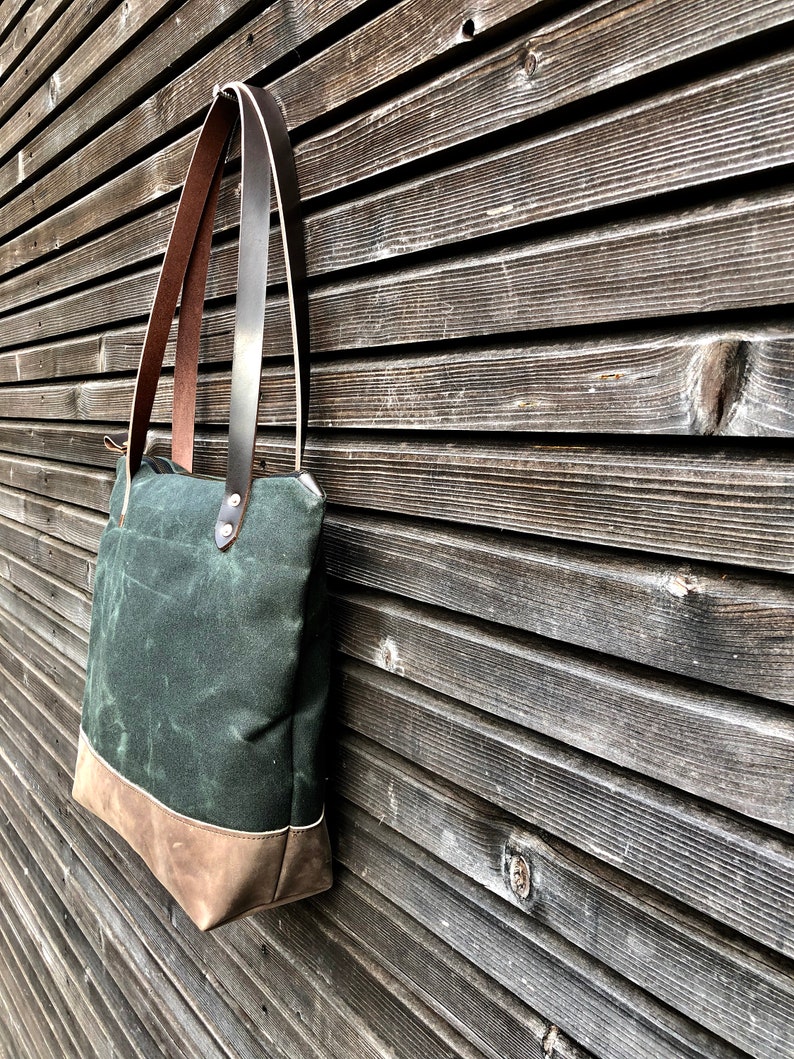 Waxed Canvas Tote Bag With Leather Handles and Zipper Closure Etsy