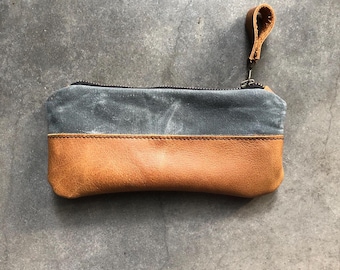 Zipper pouch, pencil case made in grey waxed canvas and cognac oiled leather