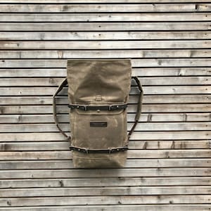 Waxed canvas backpack rucksack with folded top and waxed canvas padded shoulder straps image 4