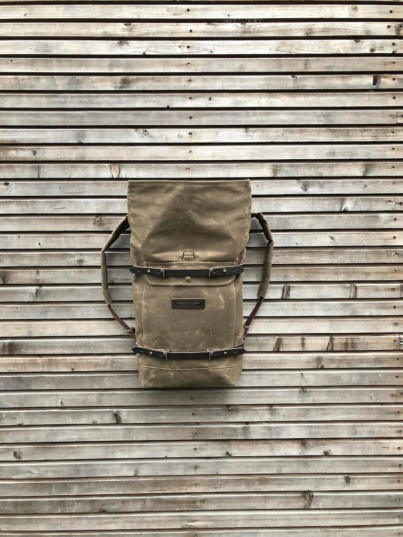 Waxed canvas backpack rucksack with folded top and waxed canvas padded shoulder straps image 4