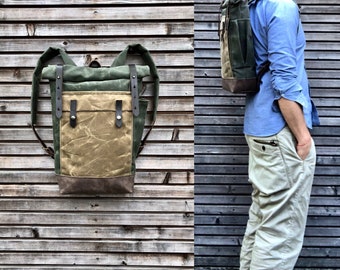 Green waxed canvas leather Backpack medium size / Commuter backpack /  Hipster Backpack with roll top and leather bottom