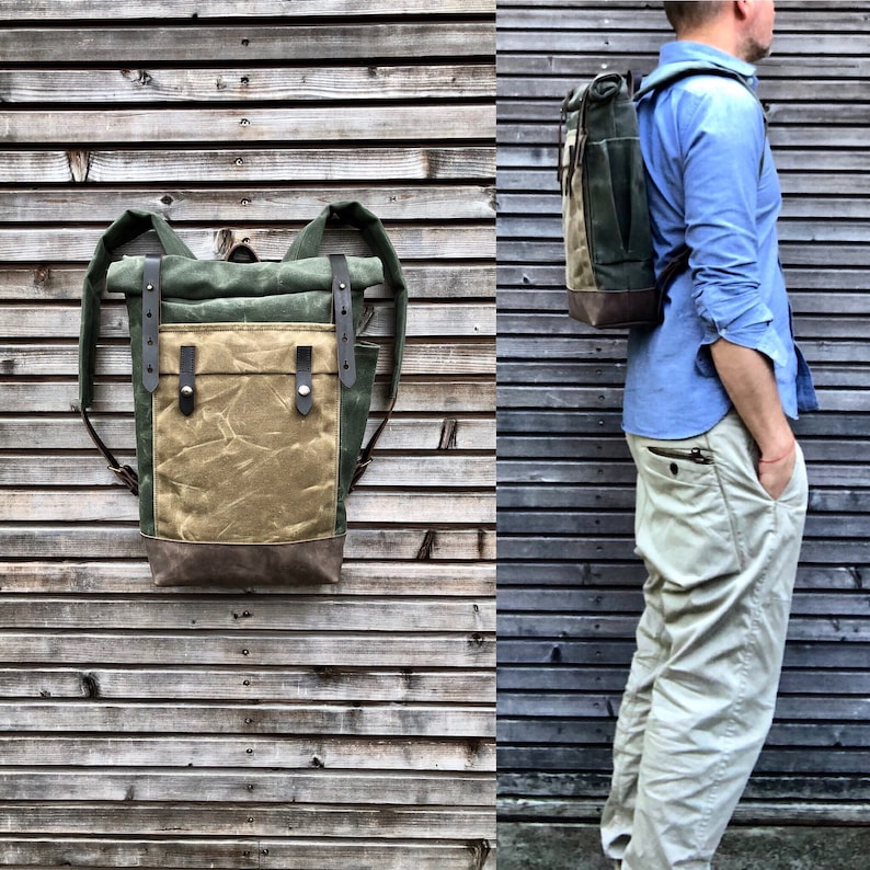 Green waxed canvas leather Backpack medium size Commuter backpack Hipster Backpack with roll top and leather bottom