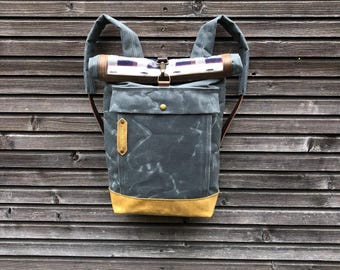 Grey Waxed Canvas Rucksack: Roll Top Waterproof Backpack with leather base