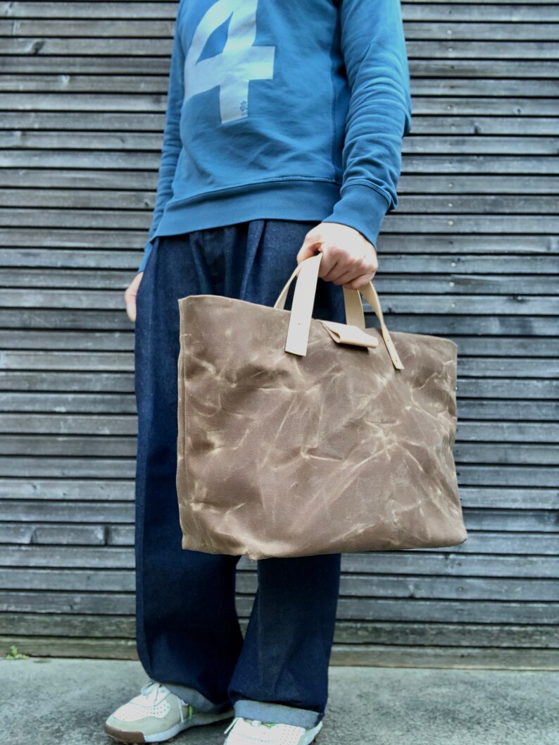 Waxed Canvas Tote Bag Carry All With Leather Handles and Etsy