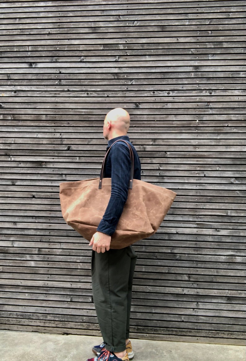 XXL Waxed Canvas Tote Bag With Leather Handles / Canvas Market Etsy