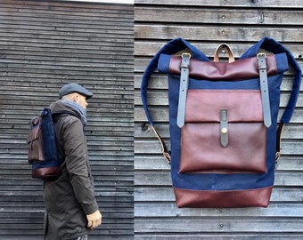 Waxed canvas rucksack/backpack with roll up top and oiled leather bottem COLLECTION UNISEX