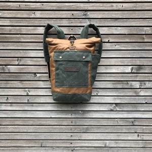 waxed canvas rolltop rucksack / medium size backpack /  waterproof backpack with padded shoulder straps and water bottle pocket,