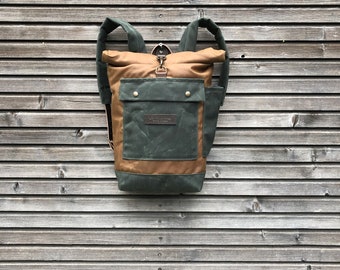 waxed canvas rolltop rucksack / medium size backpack /  waterproof backpack with padded shoulder straps and water bottle pocket,