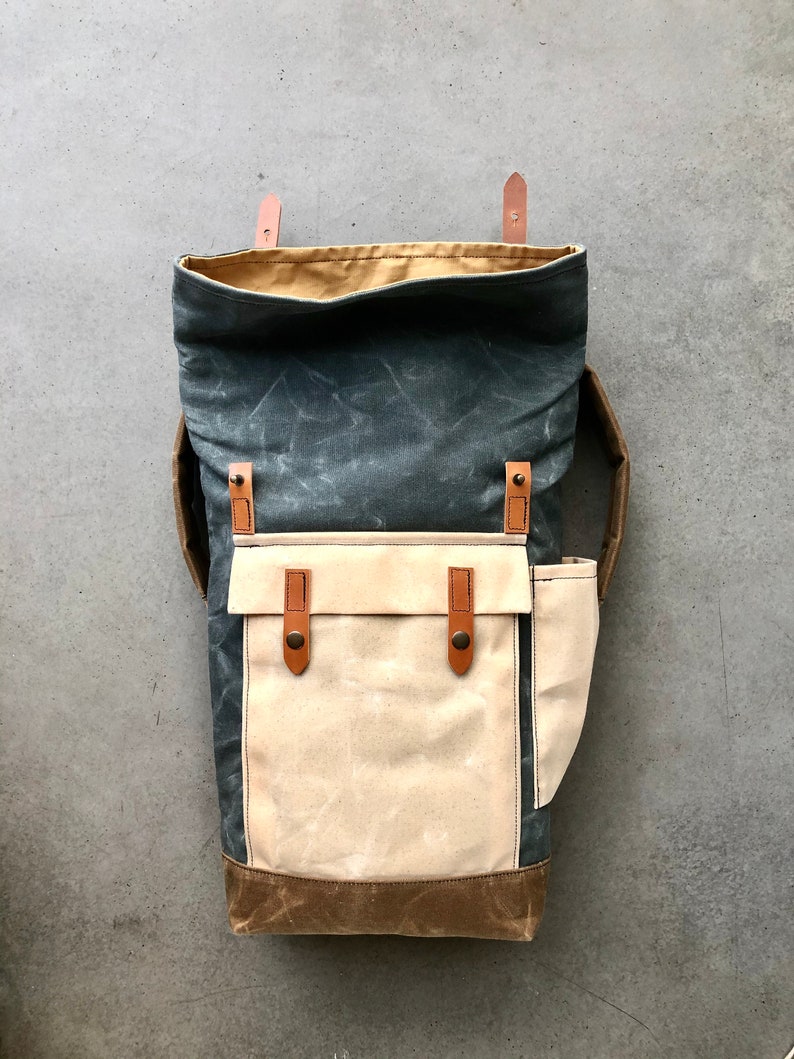 Gray Waxed Canvas Leather Backpack Medium Size / Travel Etsy