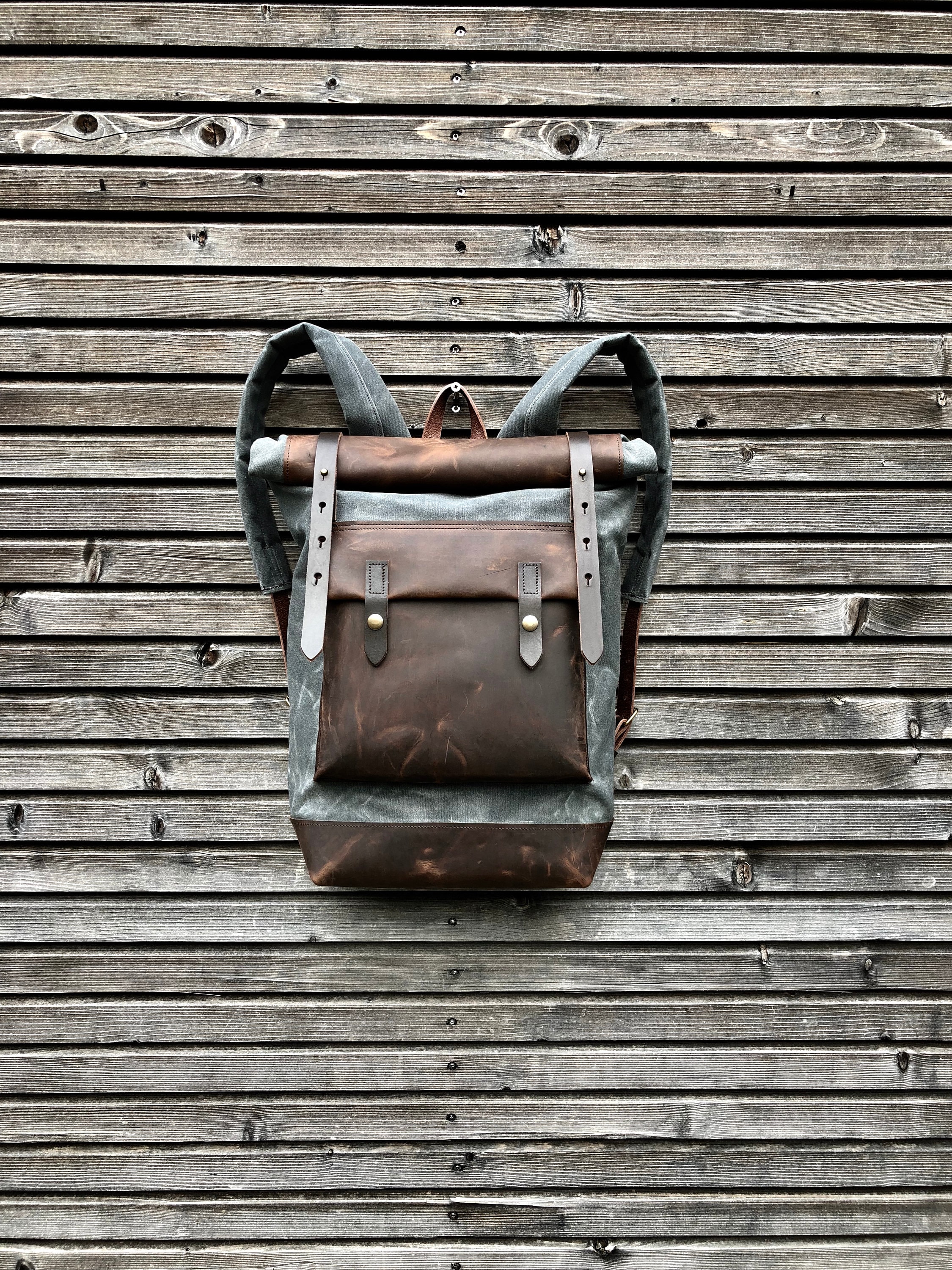 Waxed canvas backpack with roll up top and hand waxed leather Etsy