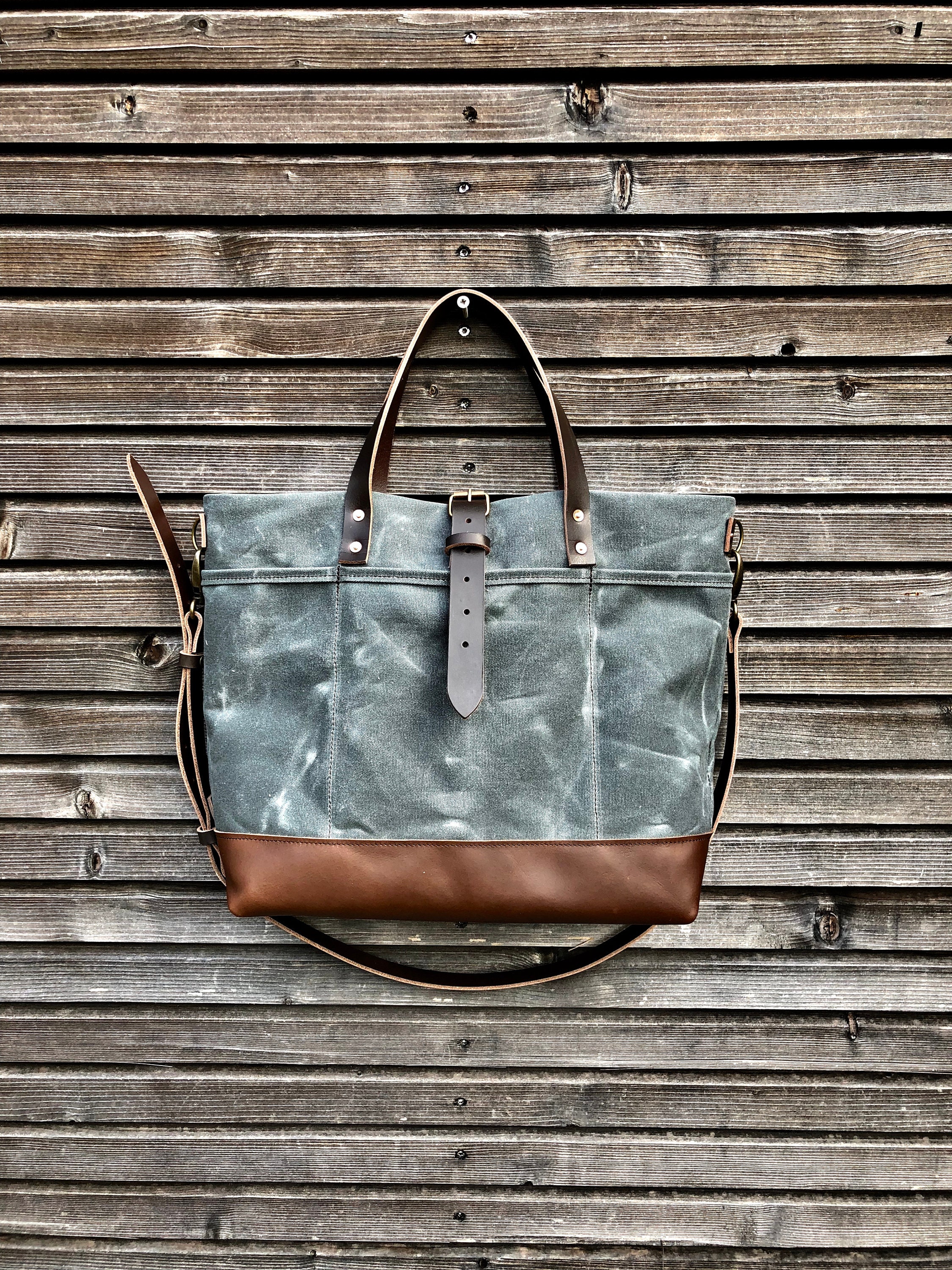 Tote Bag in Waxed Canvas With Leather Bottom and Cross Body - Etsy