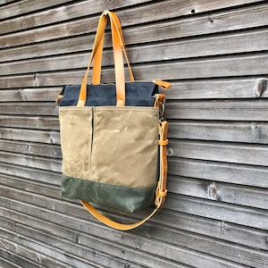 Waxed Canvas Tote Bag / Office Bag With Leather Handles and Shoulder ...