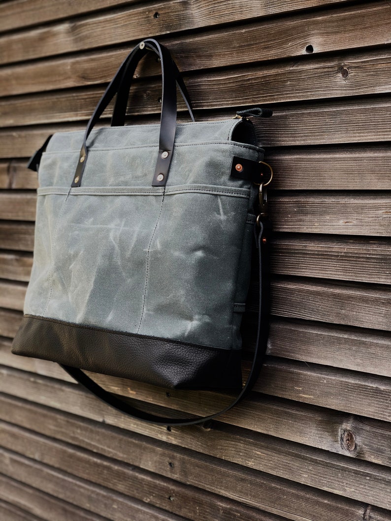 Gray Waxed Canvas Tote Bag / Office Bag With Luggage Handle - Etsy