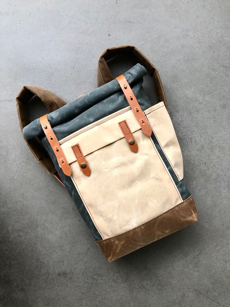 Gray Waxed Canvas Leather Backpack Medium Size / Travel Etsy
