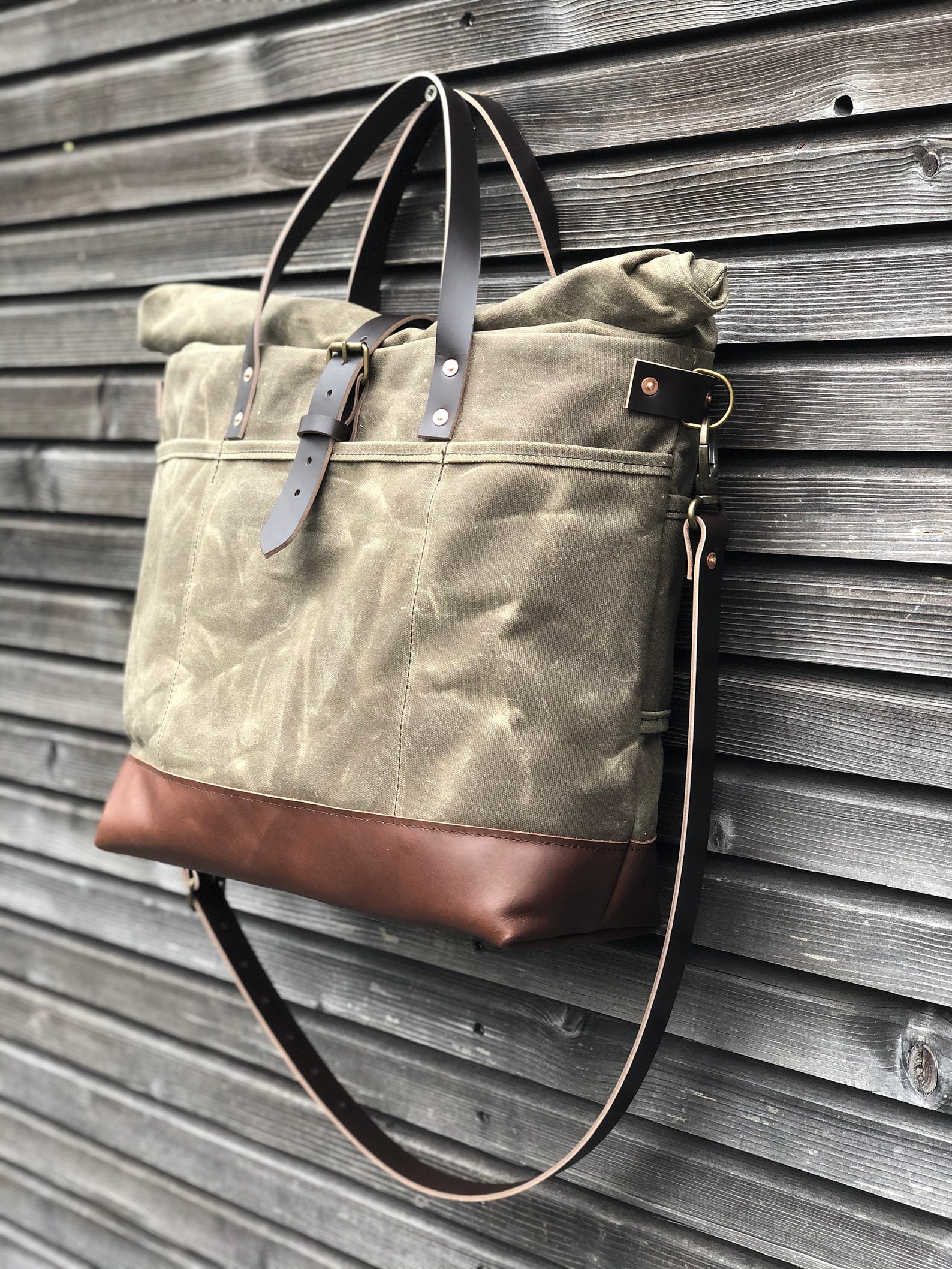 Waxed Canvas Roll Top Tote Bag / Office Bag With Luggage Etsy