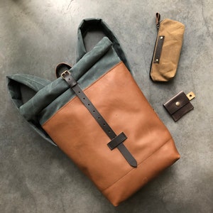 Waxed canvas leather backpack with roll top - leather rucksack  COLLECTION UNISEX