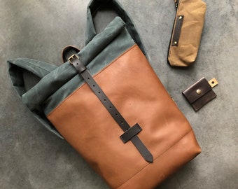 Waxed canvas leather backpack with roll top - leather rucksack  COLLECTION UNISEX