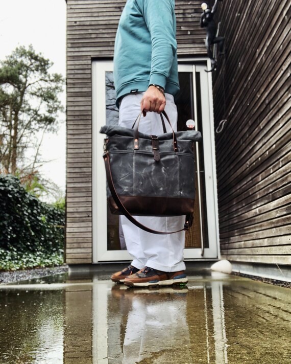 Waxed Canvas Roll Top Tote Bag Office Bag With Luggage Handle Attachment Leather Handles and Shoulder Strap Etsy Canada